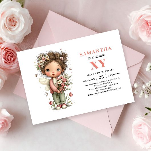 ファンタジーなピンクの花柄のフェアリーガールの7歳の誕生日  招待状