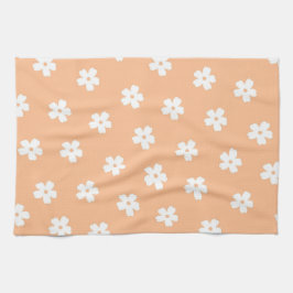 ファンタジーなピーチとホワイトの花柄 レトロで明るい キッチンタオル