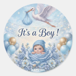 ファンタジーなブルーのコウノトリの赤ちゃんシャワー It's a Boy ラウンドシール