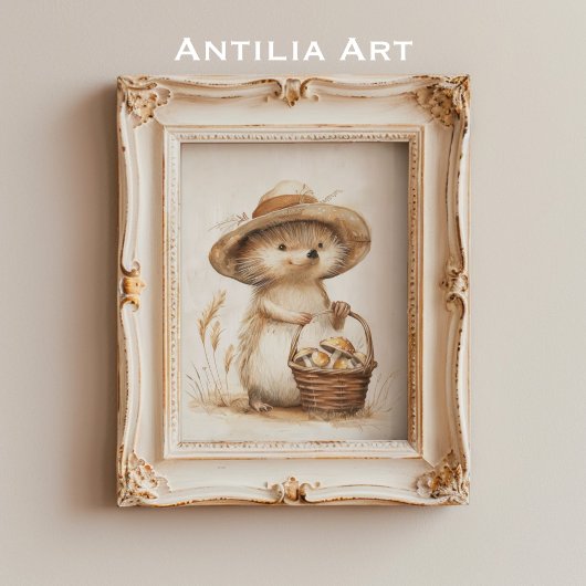 ファンタジーなヘビトカゲのキノコ籠 ウッドランドアニマル ポスター