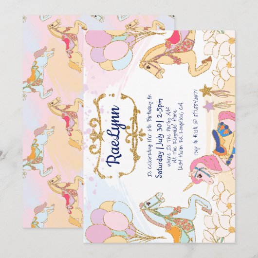 ファンタジーなメリーゴーランドの誕生日招待状テンプレート 招待状 (正面/裏面)
