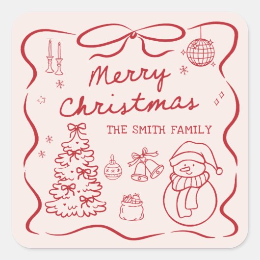 ファンタジーなリボンのクリスマスパーティーステッカー スクエアシール (正面)