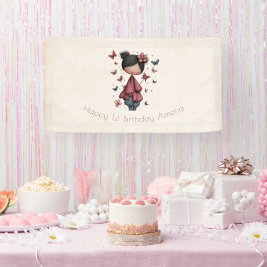 ファンタジーな妖精のドール　レトロかわいいお誕生日 横断幕 (パーティー)