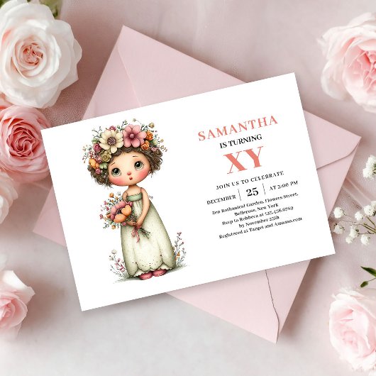 ファンタジーな妖精の女の子の誕生日パステルフラワー招待状 招待状