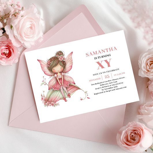 ファンタジーな妖精の女の子の誕生日ピンクの花の招待状 招待状