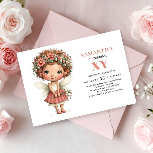 ファンタジーな妖精の女の子の誕生日ピンクの花の招待状 招待状