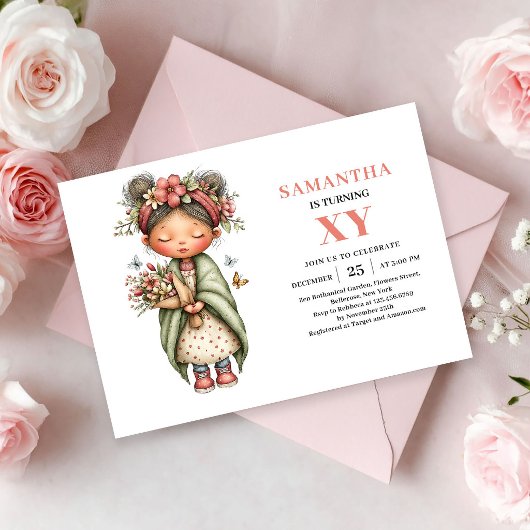 ファンタジーな妖精の女の子の誕生日ピンクの花の魔法 招待状