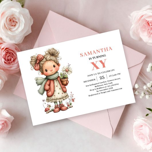 ファンタジーな妖精の女の子の誕生日 パステルピンクの花柄 招待状