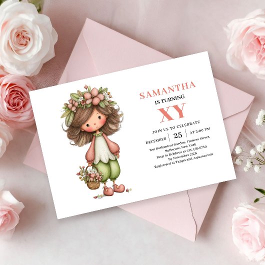 ファンタジーな妖精の女の子の誕生日 パステルフラワー ピンク 招待状