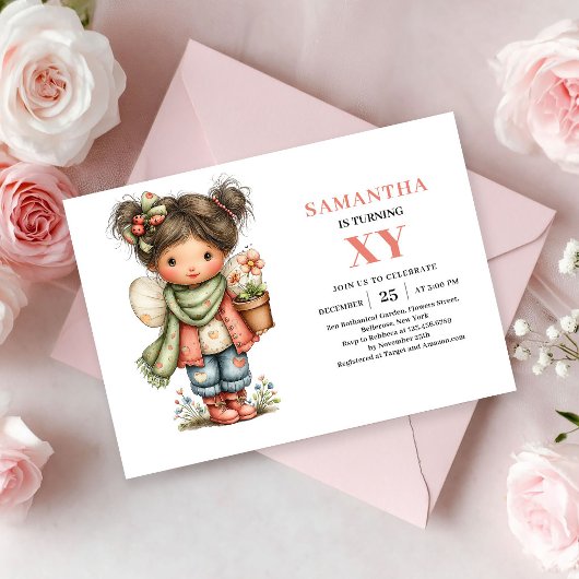 ファンタジーな妖精の女の子の誕生日 ピンクの花柄 招待状