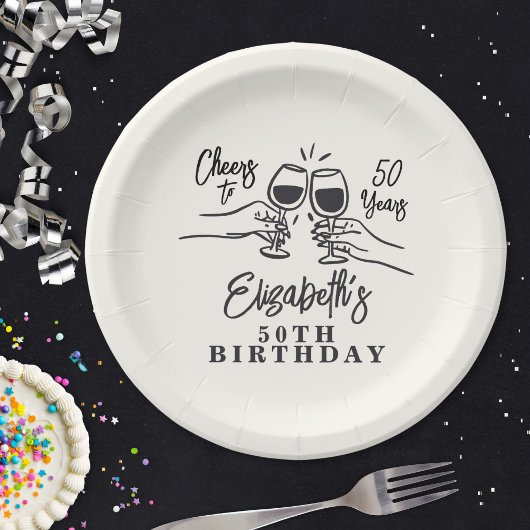 ファンタジーな手描きの「乾杯!50周年おめでとう」誕生日デザイン ペーパープレート