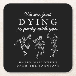 ファンタジーな手描きスケルトンのハロウィンパーティー スクエアペーパーコースター