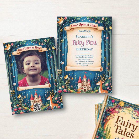 ファンタジーな森の城の妖精のファースト1歳の誕生日 招待状