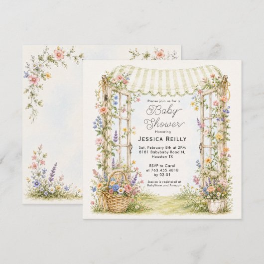 ファンタジーな水彩画の庭の花 ベビーシャワー 招待状 (正面/裏面)