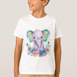 ファンタジーな水彩象の子供向けアートプリント Tシャツ