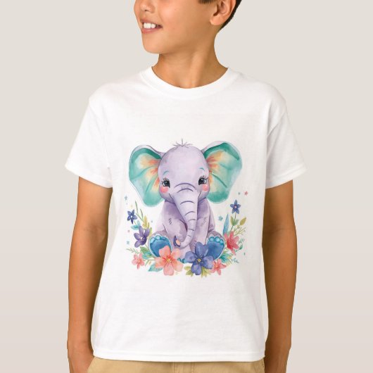ファンタジーな水彩象の子供向けアートプリント Tシャツ (正面)