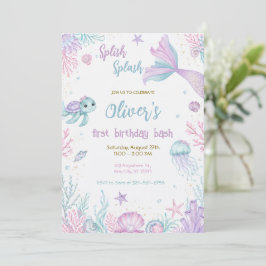 ファンタジーな海の中の1歳の誕生日パーティー 招待状