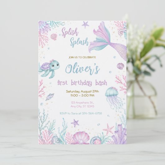 ファンタジーな海の中の1歳の誕生日パーティー 招待状 (スタンド正面)