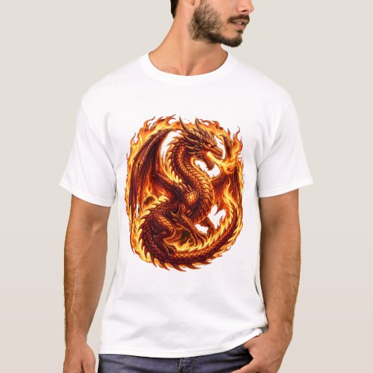 ファンタジーな炎の輪のドラゴン Tシャツ (正面)