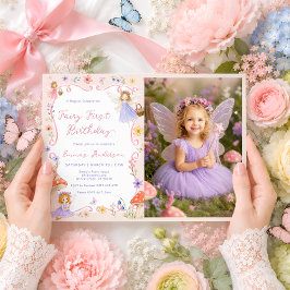 ファンタジーな花と妖精の1歳の誕生日フォトアイテム 招待状