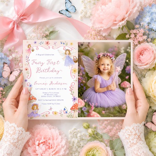 ファンタジーな花と妖精の1歳の誕生日フォトアイテム 招待状
