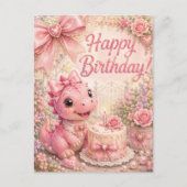 ファンタジーな花と真珠のピンクの恐竜の誕生日 ポストカード (正面)