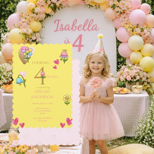 ファンタジーな花の黄色い4歳の誕生日パーティー 招待状