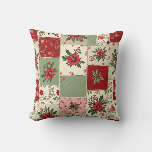 ファンタジーな花柄のヴィンテージクリスマスキルト柄 クッション (正面)