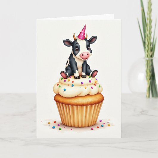 ファンタジーな誕生日の子牛カップケーキカード カード (正面)