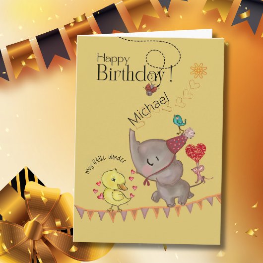 ファンタジーな象とアヒルの子の誕生日カード シーズンカード
