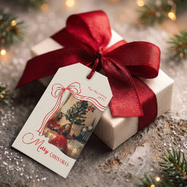 ファンタジーな赤いリボンのメリークリスマスフォト ギフトタグ