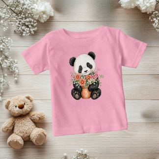 ファンタジーな赤ちゃんパンダの花柄ベビー服・女の子用 ベビーTシャツ