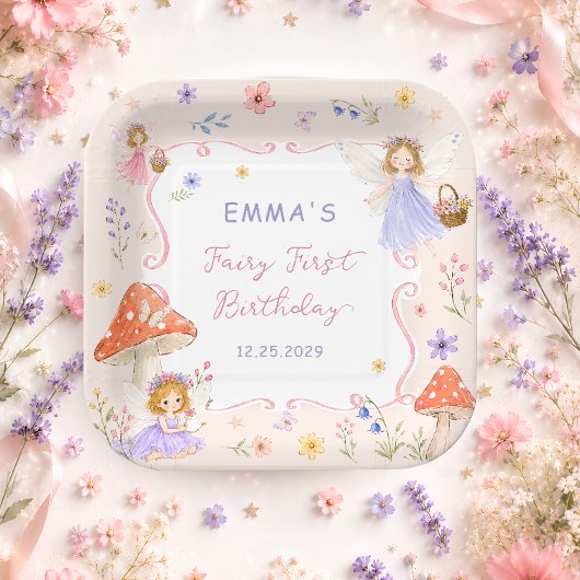 ファンタジーな野の花の妖精の1歳の誕生日 ペーパープレート
