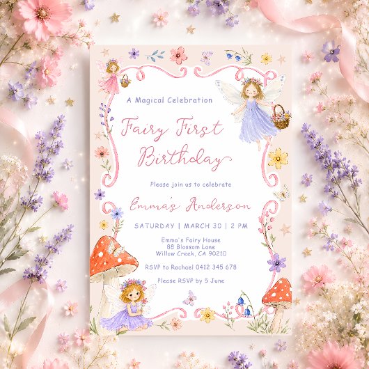 ファンタジーな野の花の妖精の1歳の誕生日 招待状