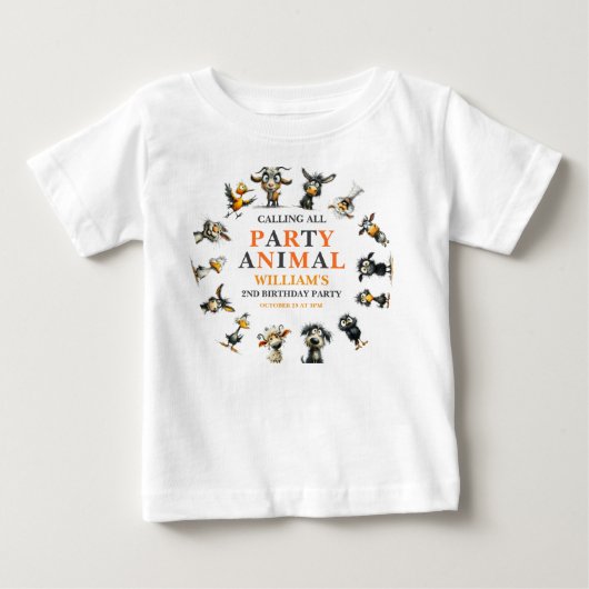 ファンタジーな面白い動物の2歳の誕生日パーティー ベビーTシャツ (正面)