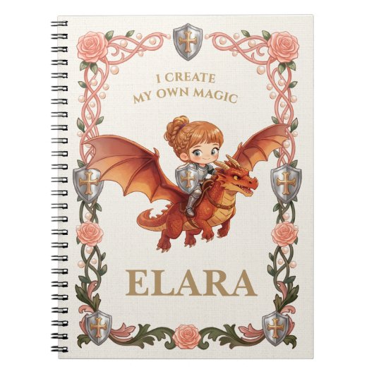 ファンタジーな騎士の女の子のドラゴンの誕生日の美学 ノートブック (正面)