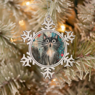 ファンタジーな驚いたクリスマスの猫 スノーフレークピューターオーナメント