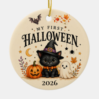 ファンタジーな黒猫の赤ちゃんの最初のハロウィンの思い出 セラミックオーナメント