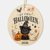 ファンタジーな黒猫の赤ちゃんの最初のハロウィンの思い出 セラミックオーナメント (左)