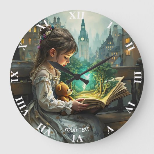ファンタジーのかわいい少女 読書 ラージ壁時計 (正面)