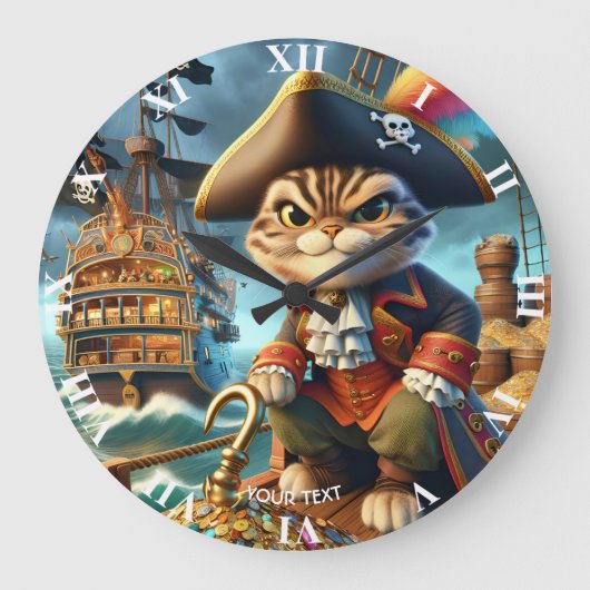 ファンタジーのかわいい海賊猫の船 ラージ壁時計 (正面)