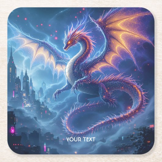 ファンタジーのかわいい青い竜の街 スクエアペーパーコースター (正面)