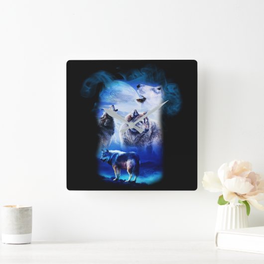 ファンタジーのオオカミの月山 スクエア壁時計 (ホーム)