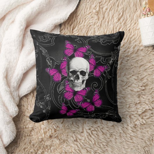 ファンタジーのスカルおよびショッキングピンクの蝶 クッション (ブランケット)