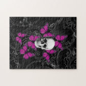 ファンタジーのスカルおよびショッキングピンクの蝶 ジグソーパズル (横)