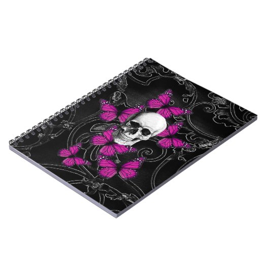 ファンタジーのスカルおよびショッキングピンクの蝶 ノートブック (左側)