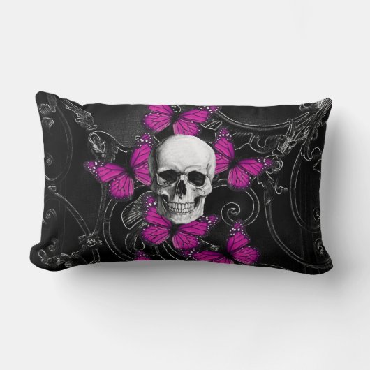 ファンタジーのスカルおよびショッキングピンクの蝶 ランバークッション (正面)