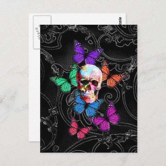ファンタジーのスカルおよび着色された蝶 ポストカード (正面/裏面)