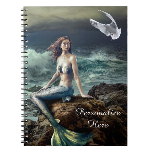 ファンタジーの人魚と海でシーガルをパーソナライズ ノートブック (正面)