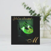 ファンタジーの仮面舞踏会のマスクのモノグラムの緑の招待状 招待状 (スタンド正面)